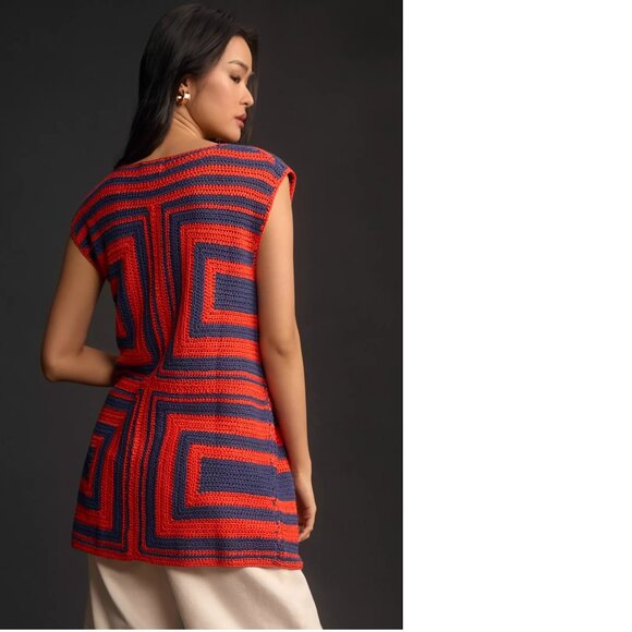 Anthropologie FRNCH Front Tie Crochet Sweater Vest size L red blue new nWT - Picture 2 of 6